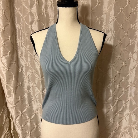 Reformation Carol Cotton Sweater Tank Ribbed Halter Crop Top Mineral Blue - Picture 6 of 13